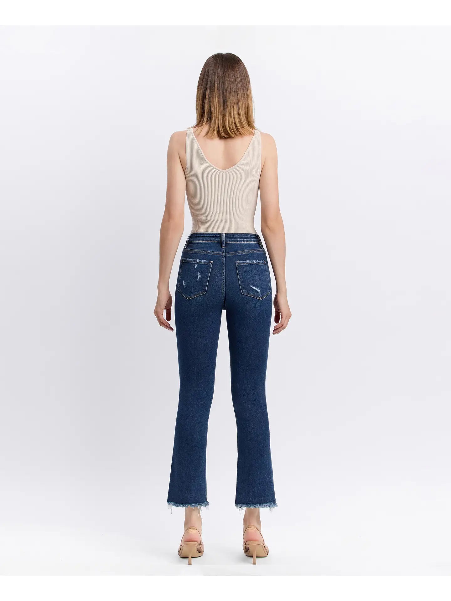 High Rise Dark Denim Distressed Hem Kick Flare Jeans