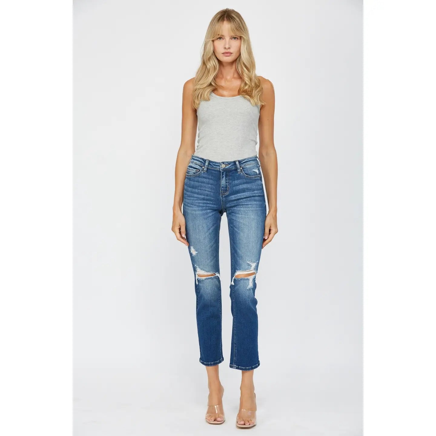 Mica Denim Mid Rise Straight Leg Distressed Jeans