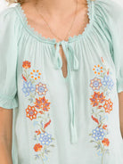 Women's Short Sleeve V-Neck Front Tie Embroidery Floral Blouse 