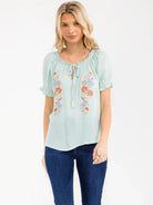 Women's Short Sleeve V-Neck Front Tie Embroidery Floral Blouse 