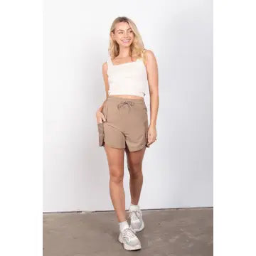 Mocha Elastic Waist Activewear Cargo Shorts