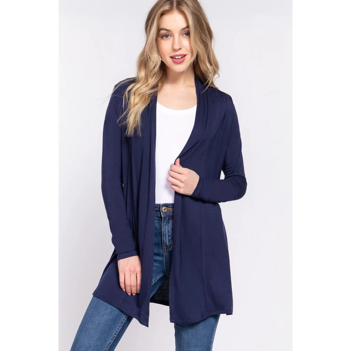 Women's Navy Long Sleeve Front Open Rayon Jersey Long Cardigan