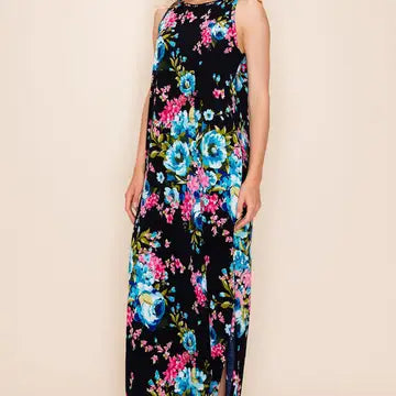 Plus Size Floral Print Maxi Slit Dress with Pockets