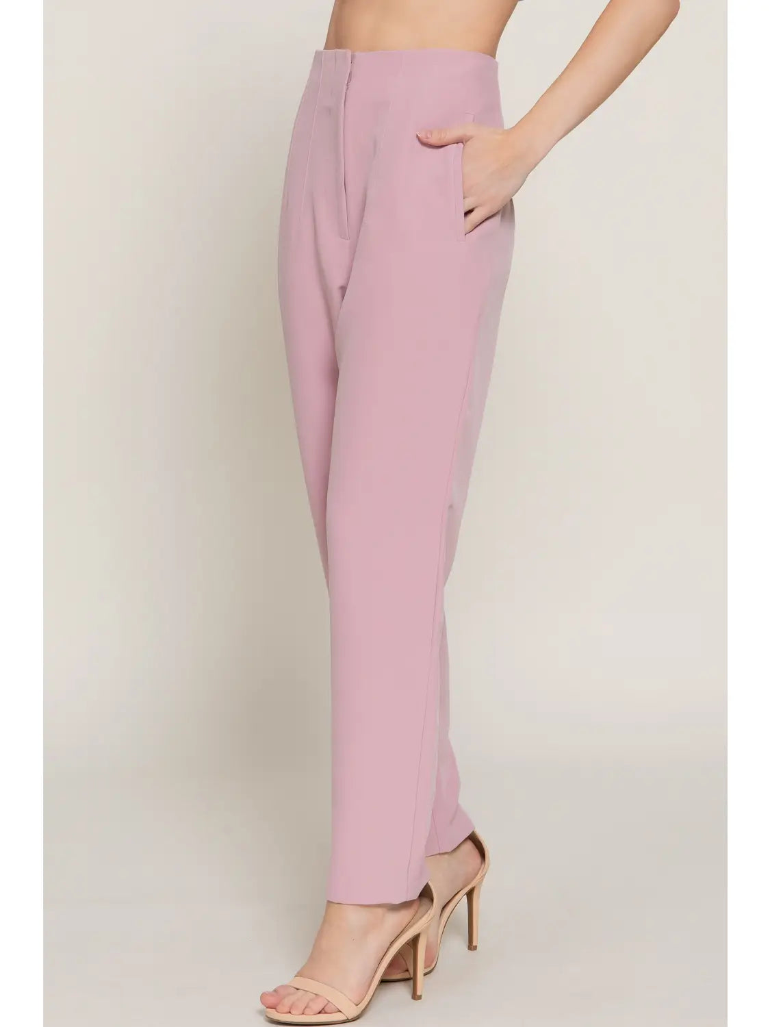 Pale Pink High Waist Pintuck Detail Long Pants