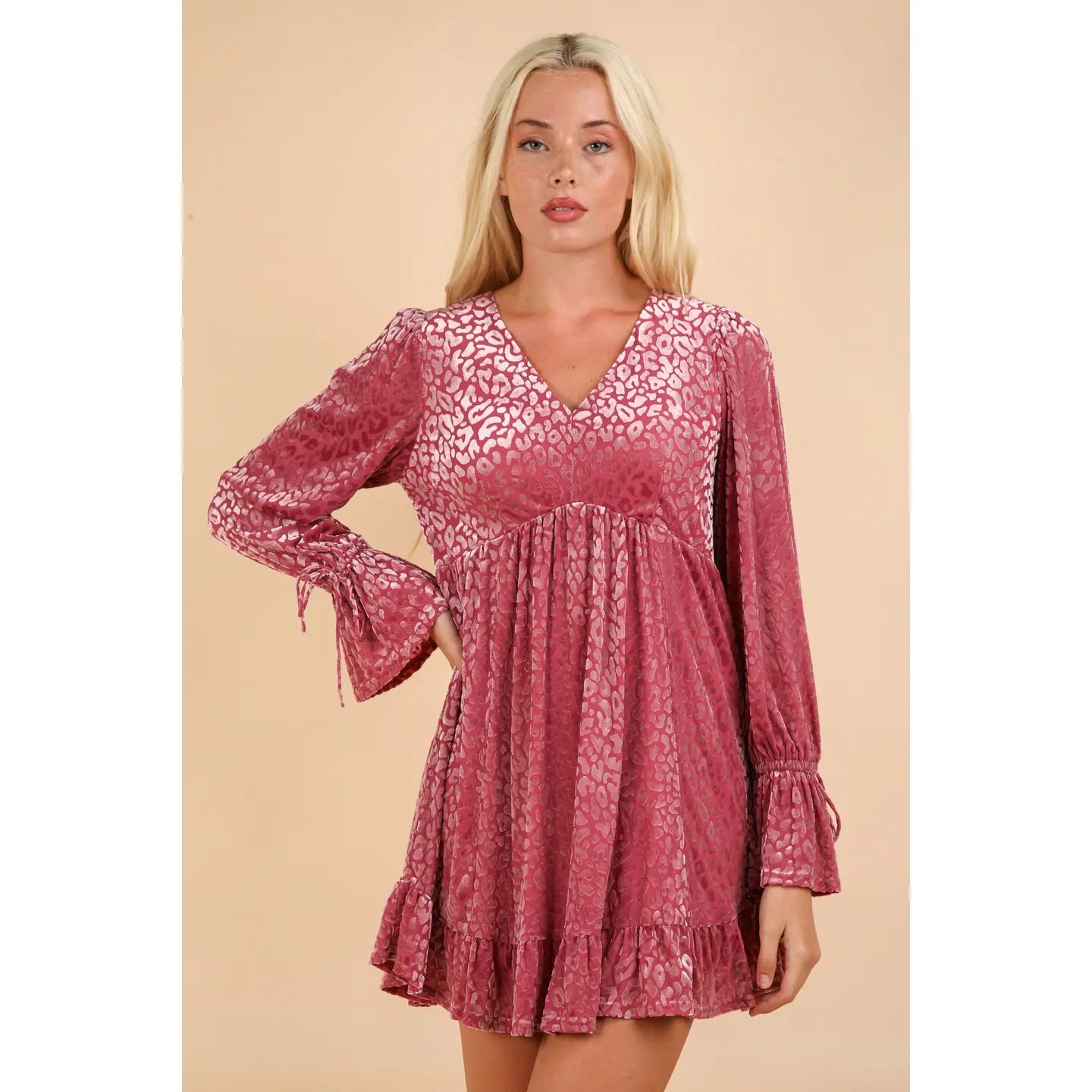 Pink Leopard Velvet Ruffled Holiday Mini Dress - Athena's Fashion Boutique