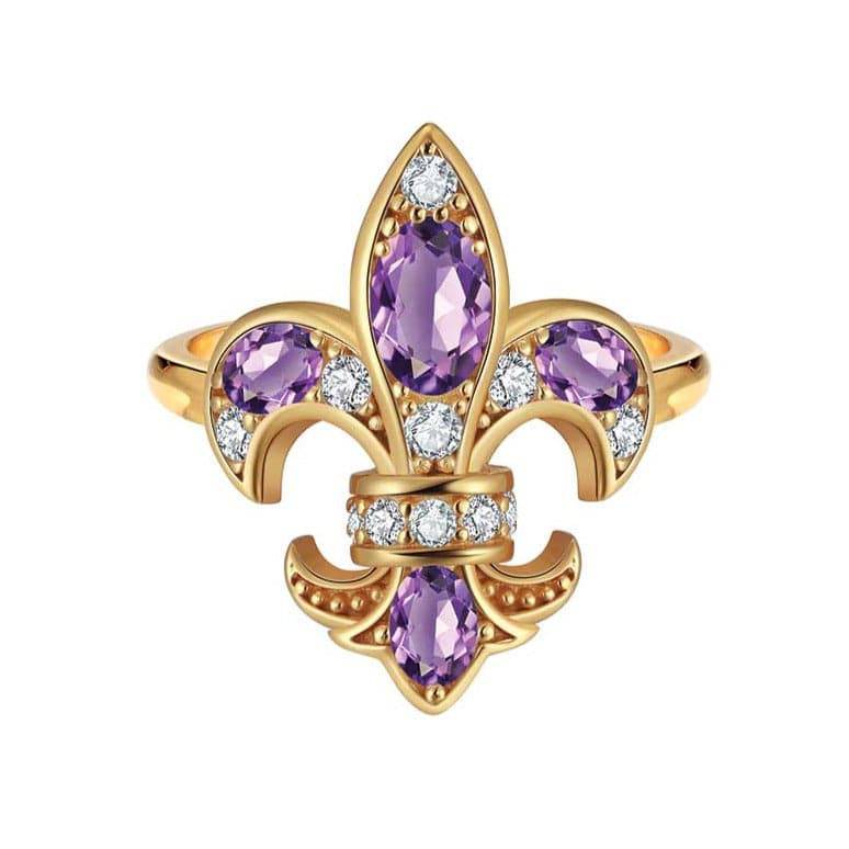 Saints and Saviors Gold Fleur De Lis Amethyst and Diamond Ring