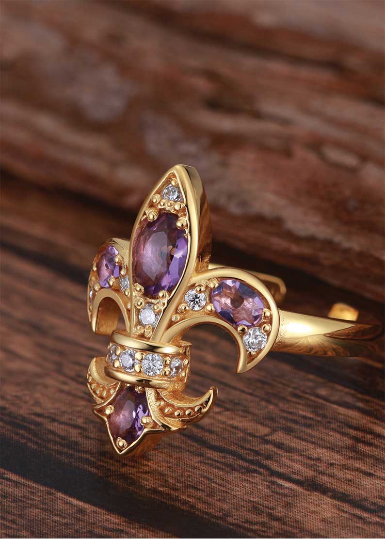 Saints and Saviors Gold Fleur De Lis Amethyst Diamond Ring