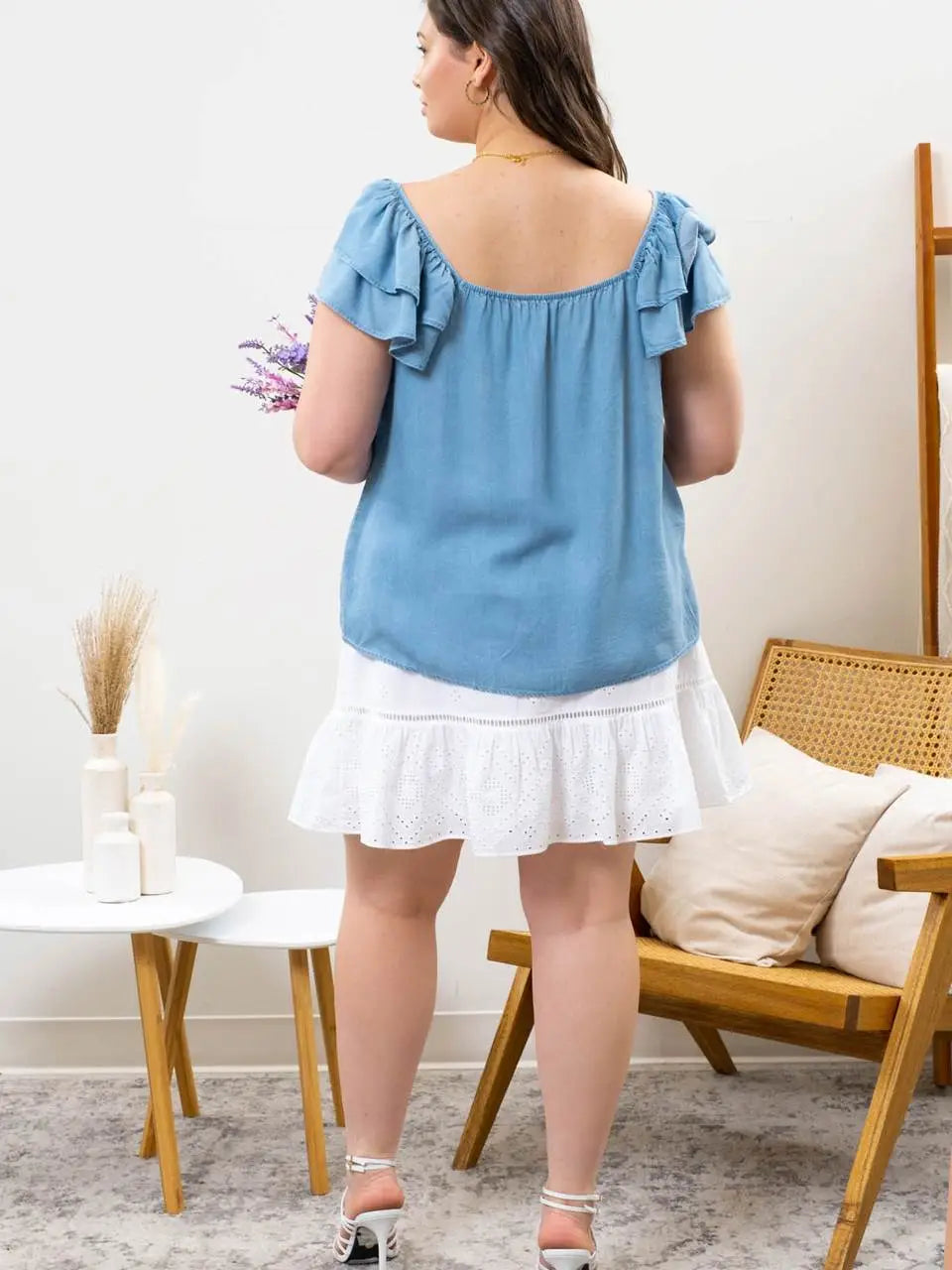 Plus Chambray Ruffle Sleeve Top