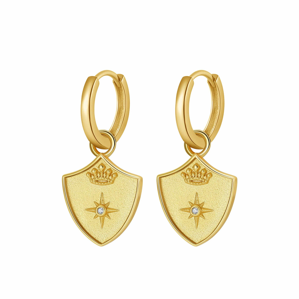 Saints & Saviors Gold Crown Shield Huggie Earrings