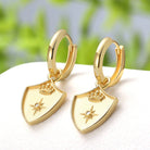 Saints & Saviors Gold Crown Shield Huggie Earrings