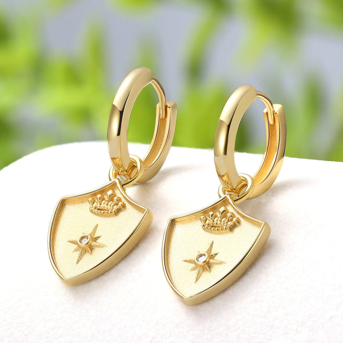 Saints & Saviors Gold Crown Shield Huggie Earrings