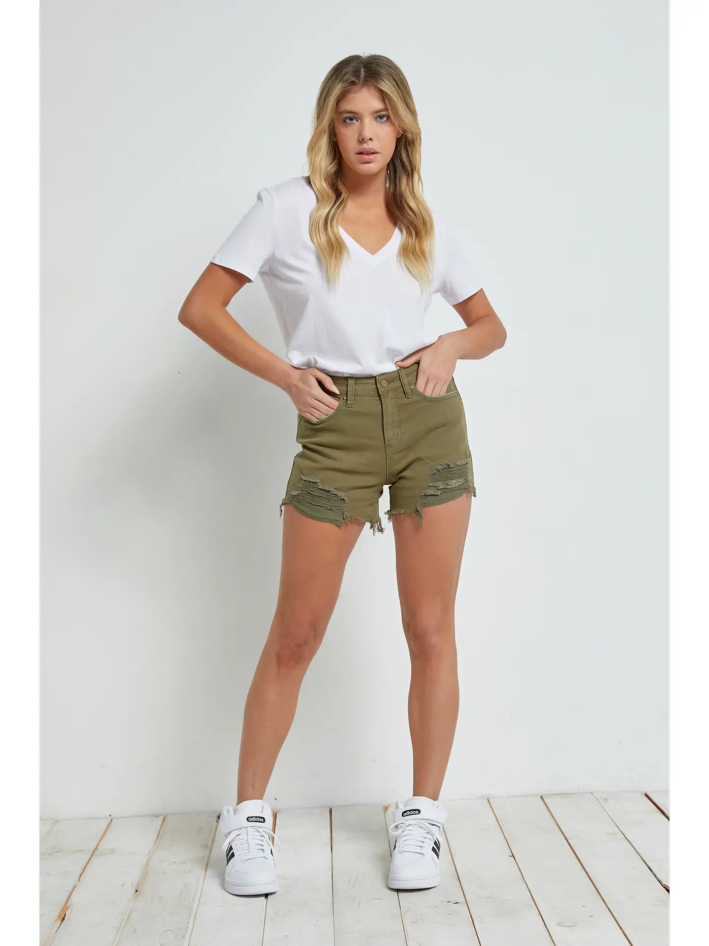 Mica Denim Olive Green Denim High Rise Shorts