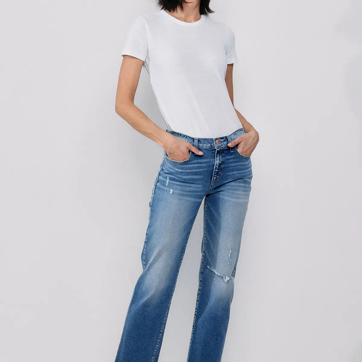 SneakPeek Mid Rise Straight Jeans with Knee Rips - Athena's Fashion Boutique