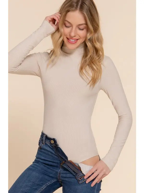 Taupe Long Sleeve Turtle Neck Rayon Rib Bodysuit - Athena's Fashion Boutique
