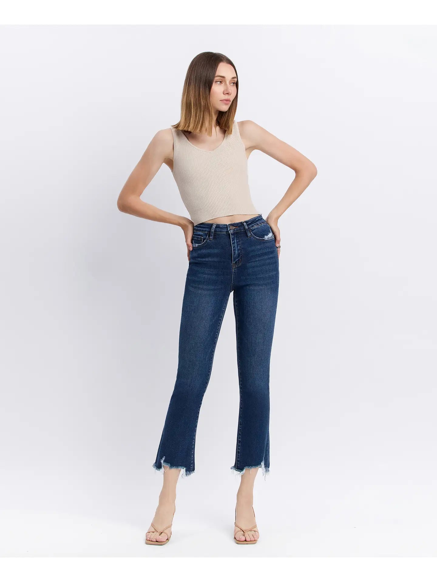 Vervet Dark Wash High Rise Distressed Hem Kick Flare Jeans
