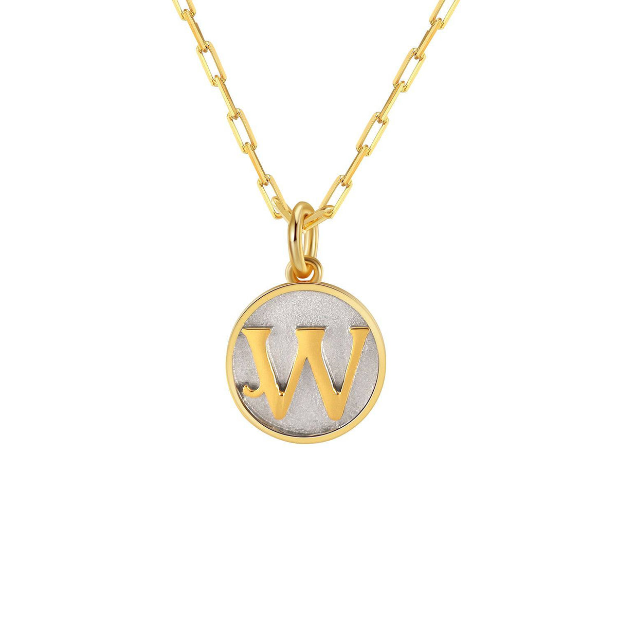 Saints and Saviors Dainty Fancy Initial Pendant Necklace gold letter W on small silver disc